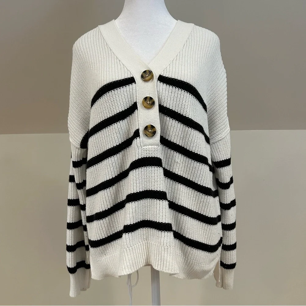 Rachel Zoe Striped Henley Pullover Sweater Coastal Luxe Loungewear Nautical